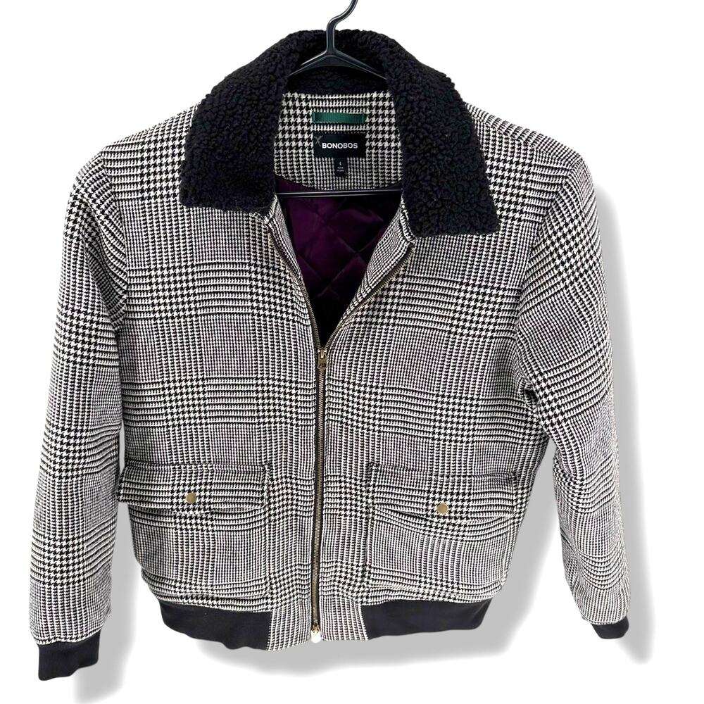 Bonobos Houndstooth Wool Bomber Jacket Sherpa Collar Mens L Quilted SherpaCollar